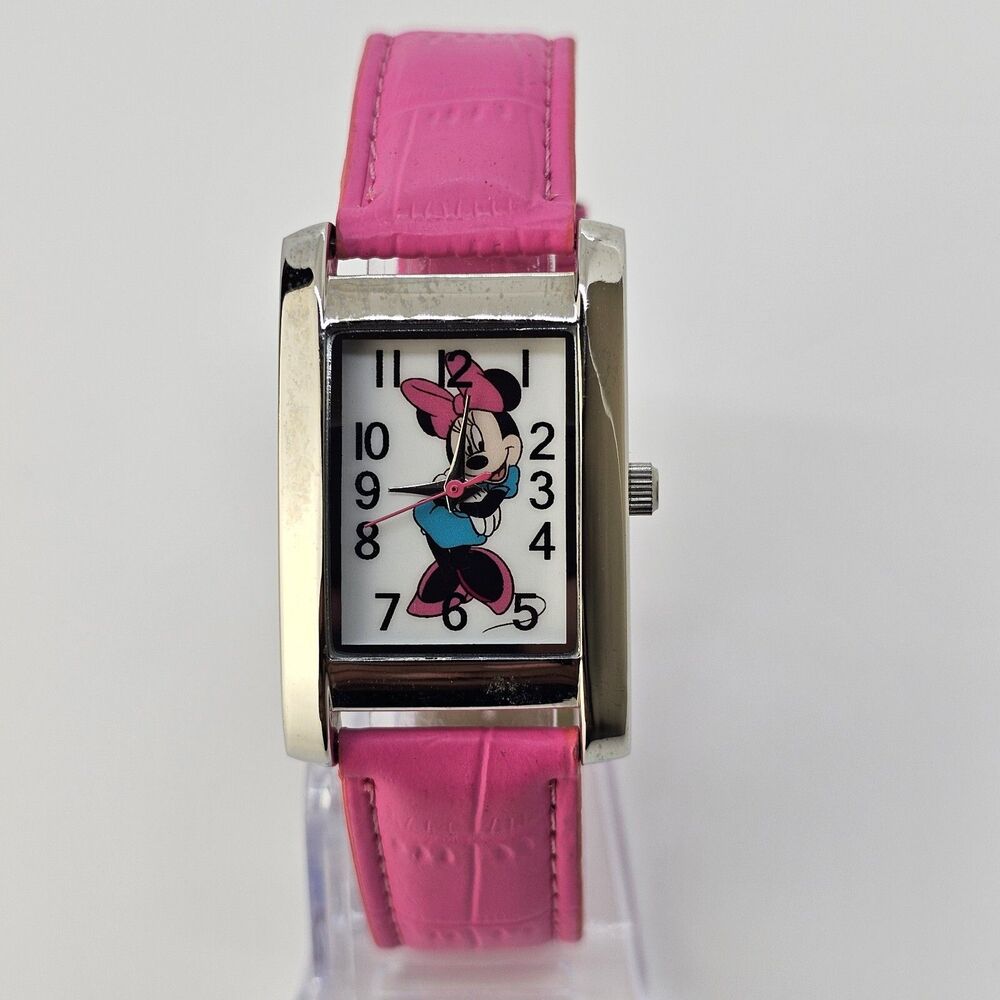Minnie Mouse Women's Watch 26MM White Dial Pink Leather Band Straps New Battery